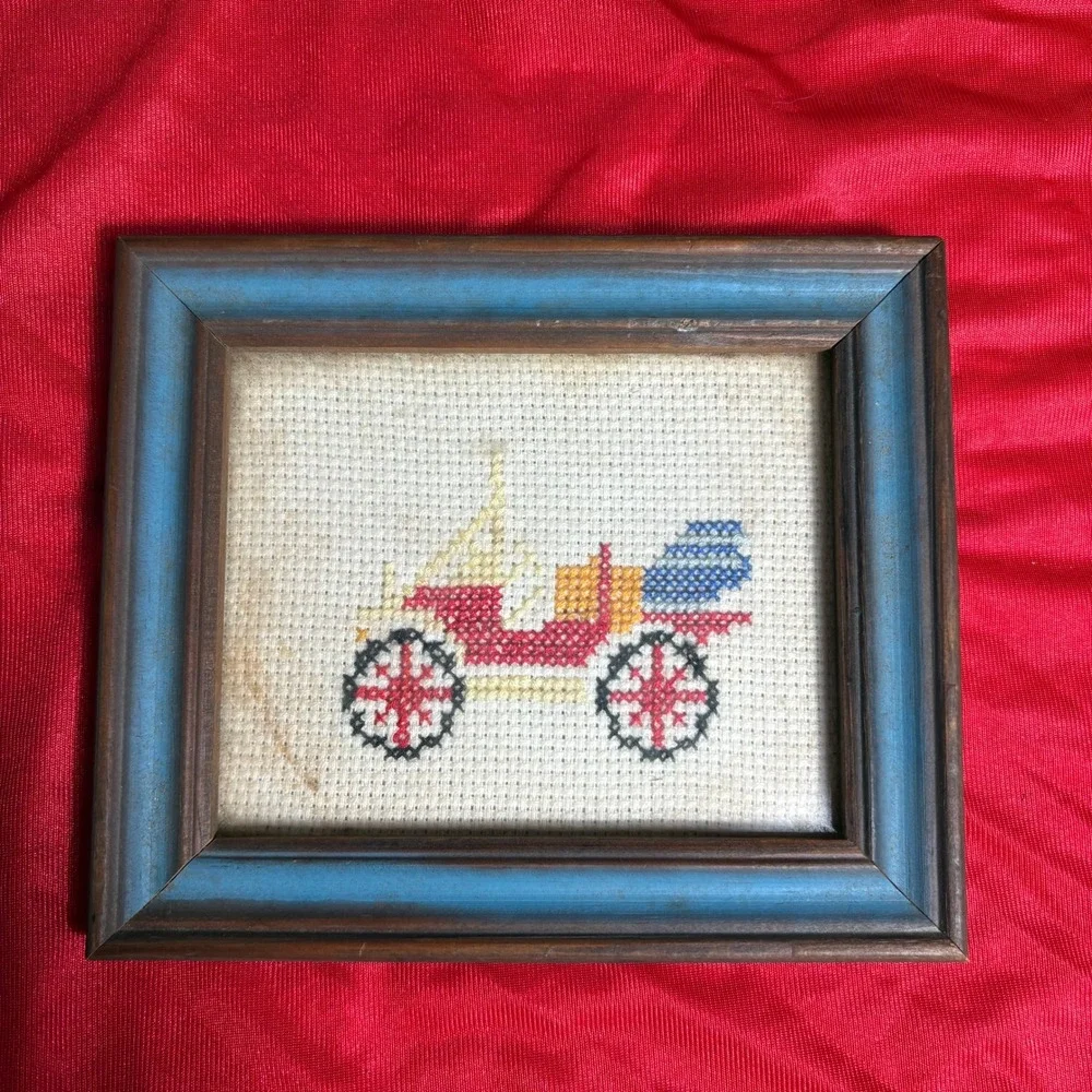 Vtg Handmade Crewel Embroidery Needlework Trio Victorian House Daisies Carriage